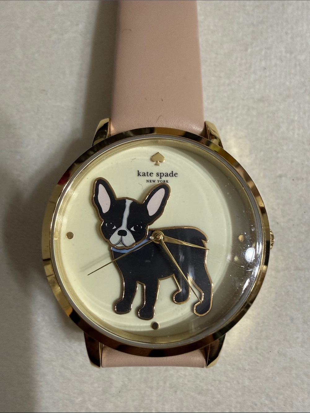 kate spade Gold-Tone Case Watch with Pink Leather Strap and Black Dog Motif
